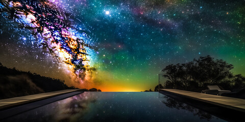 Fototapeta premium Stunning infinity pool merging with a breathtaking multicolored galaxy, stars and planets within reach, evoking awe and depth for an impactful marketing visual. Generative AI