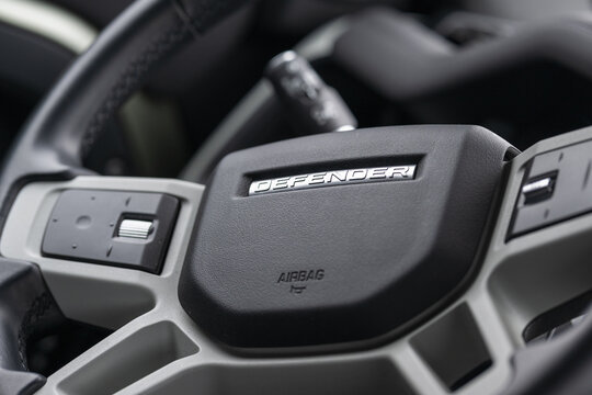 close up of the steering wheel of a new model landrover defender
