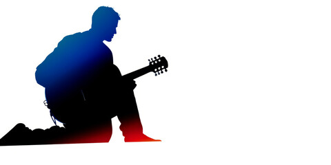 Captivating silhouette of a person playing guitar, designed in Chinese shadow art style on a clean white background, evoking strong emotions and artistic appeal. Generative AI