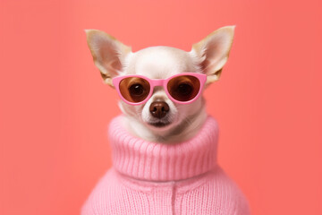 Adorable and amusing chihuahua dog sporting stylish sunglasses against a vibrant pink backdrop, radiating charm and playfulness in this delightful scene. Ai generated