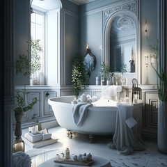 Imagine a pristine bathroom with a backdrop of glistening white tiles, providing a clean and refreshing ambiance. The centerpiece is a luxurious bathtub, gracefully positioned in the room,