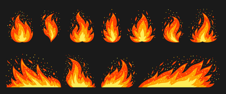 Cartoon campfire flat icon set. Red hot flame with sparks on black background. Bright fiery yellow heat flames wildfire and bonfire, burn power silhouettes. Various shape blazing fire emoticon