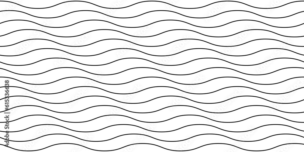 Poster Wavy lines seamless pattern. Undulate stripes repeating background. Monochrome horizontal waves texture. Simple curved linear wallpaper. Textile and fabric swatch design template. Vector