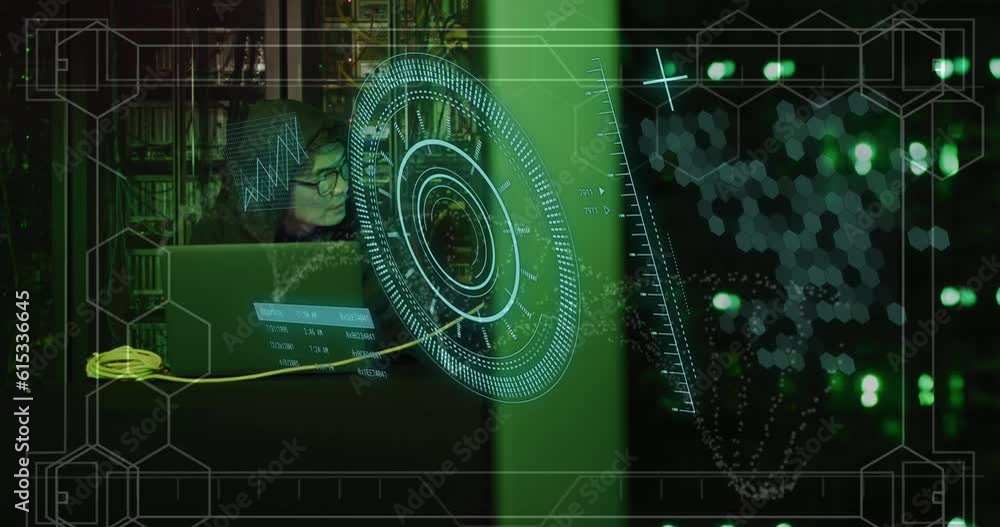 Poster animation of asian male hacker with laptop, dna, data processing over computer servers
