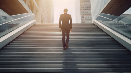 Businessman step up on stair forward. Generative AI