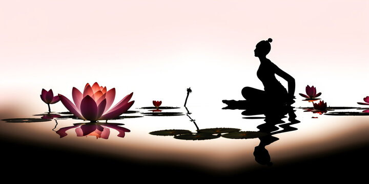 Captivating silhouette of person practicing yoga in tranquil outdoor setting, depicted as shadow puppet against white background, with vibrant lotus flower floating on nearby pond. Generative AI
