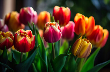 a bunch of pink and orange tulips is shown on a blurry background