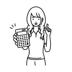 立って電卓を持ってこちらに向けて見せているポロシャツの女性