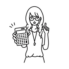 立って電卓を持ってこちらに向けて見せている教師の女性