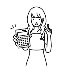 立って電卓を持ってこちらに向けて見せているエステ店員・受付・接客係の女性