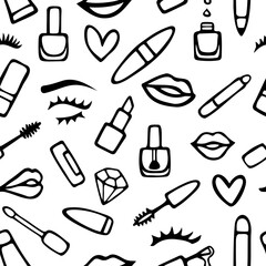 Vector seamless pattern with makeup, beauty elements. Hand drawn, doodle style. Design for fabric, wrapping paper, wallpaper, packaging.