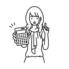 立って電卓を持ってこちらに向けて見せているオフィスカジュアルの女性