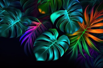 Abstract of dark green tropical leaves in neon colour