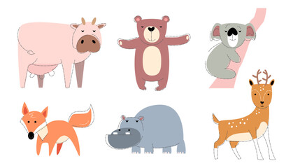 Wildlife animals Set 3 . Flat shape and pencil line drawing design . Vector .