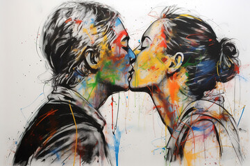 An abstract illustration of two persons kisses. Sketch drawing with colors in accents.