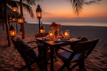 Luxury romantic candlelight dinner table setup for couple in ocean view restaurant on Valentine's day with Champaign & wine glasses and beautiful food decoration,Generative AI - obrazy, fototapety, plakaty