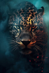 Fototapeta na wymiar Leopard in the clouds of smoke. Stunning photorealistic portrait