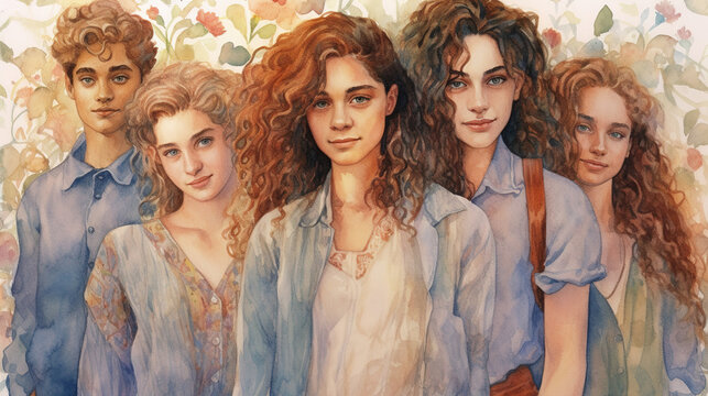 Group of students. Beautiful vintage illustration generated by Ai, is not based on any specific real image or characters