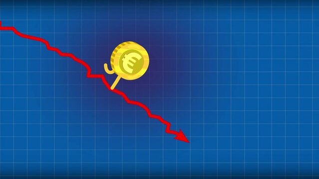 Euro rate still goes down seamless loop small flat color. Walking down coin. Money character falling down fast. Funny business cartoon.
