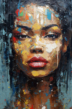 Beautiful black woman portrait, palette knife painting. Generative art, is not based any specific image or character