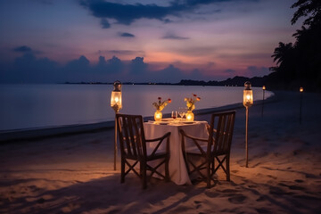 Fototapeta na wymiar Luxury romantic candlelight dinner table setup for couple in ocean view restaurant on Valentine's day with Champaign & wine glasses and beautiful food decoration,Generative AI