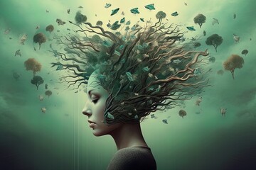 Womens head portrait and flowing thoughts