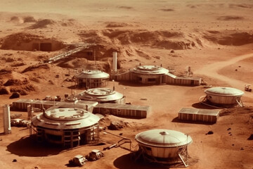 Futuristic alien base built on the captivating terrain of planet Mars, offering a glimpse into extraterrestrial technology and civilization. Ai generated