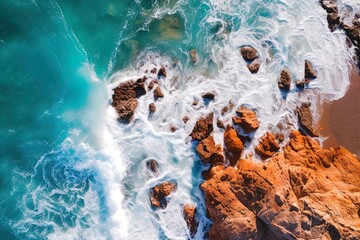 Drone overhead image of crashing ocean waves and rocks
