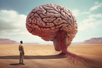 Man faces a huge brain in a desert