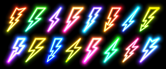 Neon blazing lightning strike in darkness. Night club rainbow bright banner sign of thunder light sparks storm flash thunderstorm. Power energy fast speed charge icons. Thunderbolt shape lamp concept