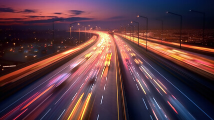 Fototapeta na wymiar Aerial view of traffic jam at multiple lane highway at sunset, long exposure, blurred motion