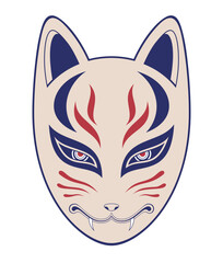 Kitsune fox mask vector illustration, isolated on white background. Japanese traditional mask. Traditional japanese demon. Tattoo print. Color illustration.