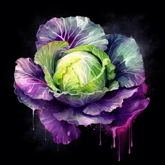 Obraz premium Fresh Organic Cabbage Vegetable On Dark Background, Square Watercolor Illustration. Healthy Vegetarian Diet. Ai Generated Bright Watercolor Illustration with Delicious Juicy Cabbage Vegetable.