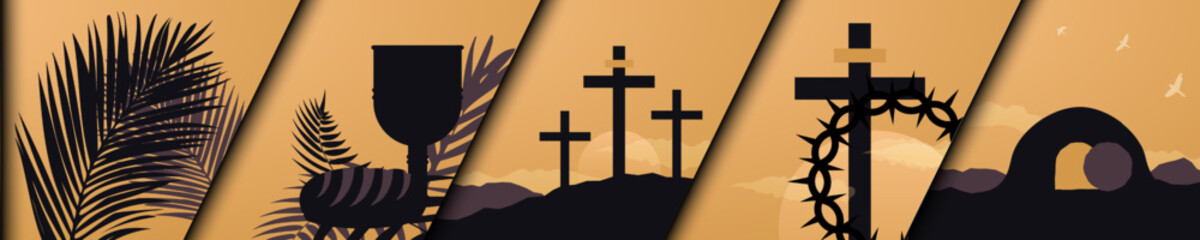 Religious symbols header on sunset background. Palms, chalice and bread, three crosses on mountains, cross with crown of thorns, open tomb.