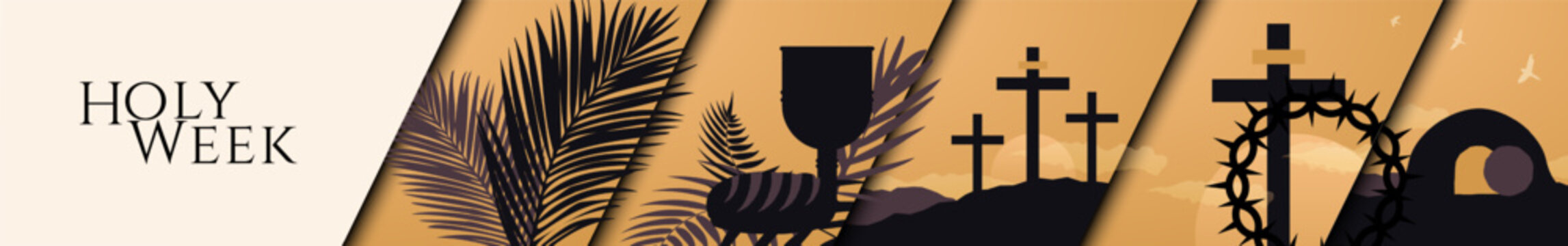 Holy Week Theme Horizontal Header. Palms, chalice and bread, three crosses on mountains, cross with crown of thorns, open tomb.  Vector Illustration. EPS 10.