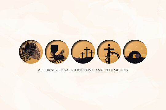 Holy Week Banner. Set of Holy Week Icons, palms, wine and bread, crucifixion of Jesus, Cross and crown of thorns, rising from the temple. Easter and lent design icons.
