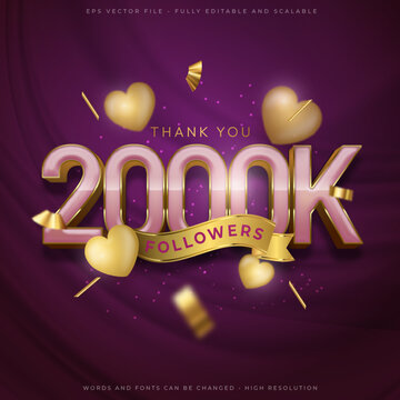 2000k thank you social media followers and subscribers with editable font gold style effect