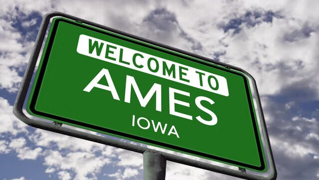 Welcome to Ames, Iowa. USA City Road Sign Close Up, Realistic 3d Animation