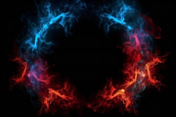 Fototapeta premium Blue and red fire border and empty space in the middle on black background Generative AI