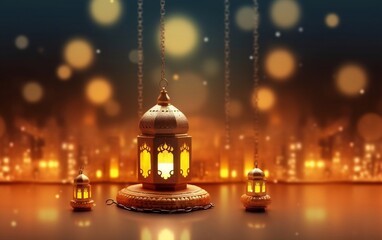 Fototapeta na wymiar Islamic lantern with blue background with copy space for text, Generative Ai