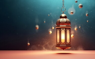 Islamic lantern, Eid Al adha Concept with blue background with copy space for text, Generative Ai