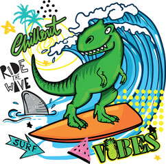  dinosaur on surf. Typography print for kids  . Original design with t-rex, dinosaur. print for T-shirts, textiles, wrapping paper, web. 