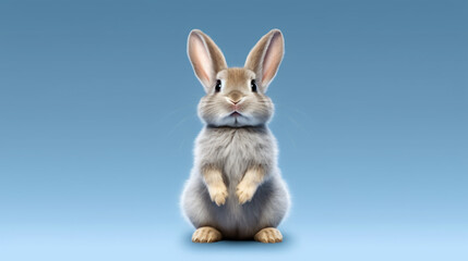 Obraz na płótnie Canvas a small cute bunny sitting on his hind paws in front of neutral blue background, generative AI
