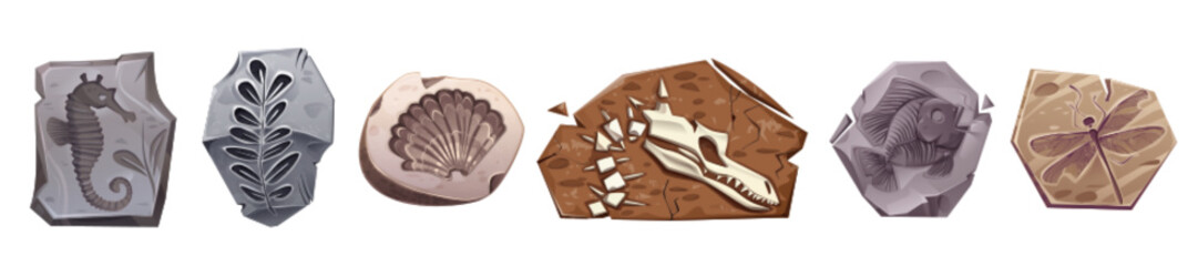 Fossil dinosaur archaeology stone vector icon set. Sea animal and ancient plant stamp texture drawing isolated cartoon illustration collection. Dig insect and shell impression silhouette clipart