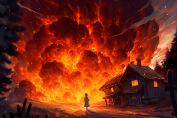 Obraz premium Child in front of big fire 