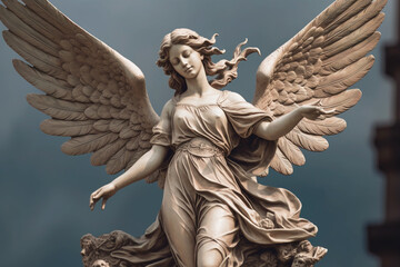 Fototapeta premium Elegant beauty of a woman angel statue with magnificent outstretched wings, embodying grace, serenity, and ethereal charm in this enchanting sculpture. Ai generated