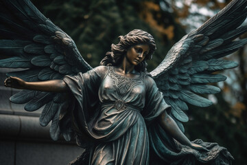 Fototapeta premium Elegant beauty of a woman angel statue with magnificent outstretched wings, embodying grace, serenity, and ethereal charm in this enchanting sculpture. Ai generated