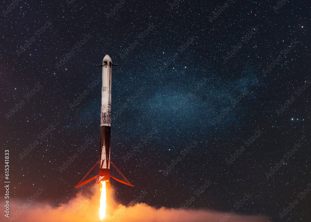Aufkleber new ship rocket flies with blast to another planet. spaceship takes off into the starry sky. rocket 