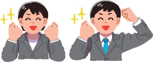 ガッツポーズするスーツ姿の男女