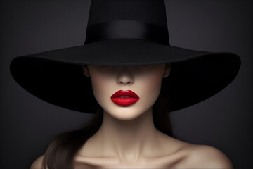 Beautiful woman in a black broad-brim hat with red lips - obrazy, fototapety, plakaty